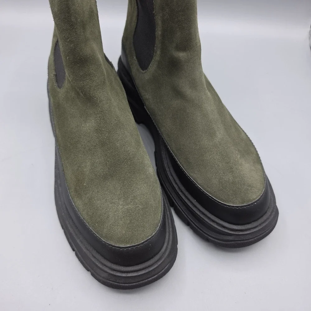 Maeve Anthropologie Chelsea Boots Womens 38 Green Suede Chunky Lug Sole Platform
